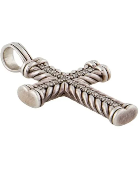 DAVID YURMAN DIAMOND STERLING SILVER 925 CHEVRON CROSS PENDANT - Picture 6 of 8